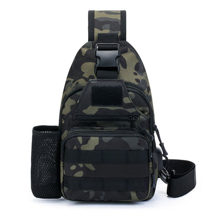 Tactical crossbody sling backpack. Has water bottle holder, MOLLE system, USB charging port. Ideal for travel and walks. Cp Camo