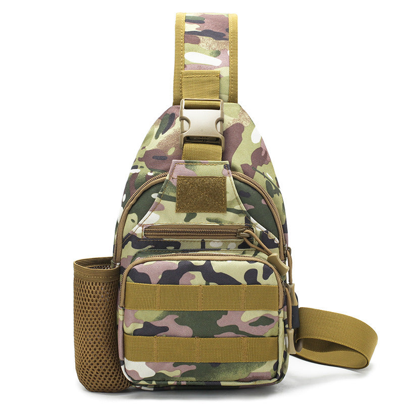 Tactical crossbody sling backpack. Has water bottle holder, MOLLE system, USB charging port. Ideal for travel and walks. Cp Camo