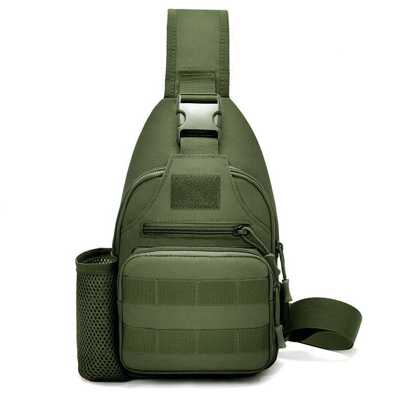 Tactical crossbody sling backpack. Has water bottle holder, MOLLE system, USB charging port. Ideal for travel and walks. Cp Camo