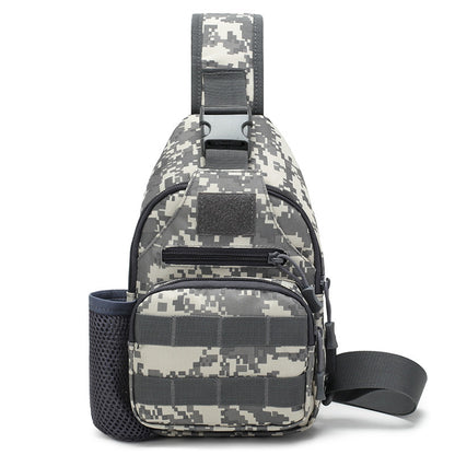 Tactical crossbody sling backpack. Has water bottle holder, MOLLE system, USB charging port. Ideal for travel and walks. Cp Camo