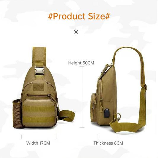 Tactical crossbody sling backpack. Has water bottle holder, MOLLE system, USB charging port. Ideal for travel and walks. Cp Camo